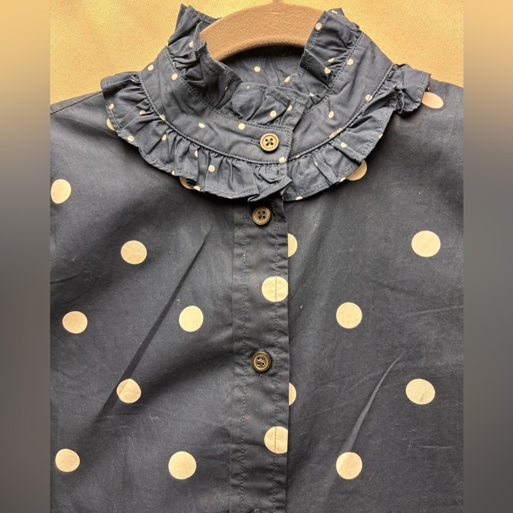 J. Crew Classic-Fit Ruffleneck Button Up Mixed Dots Blue White Polka Dot 00 - Picture 3 of 8